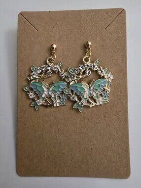 Hand Crafted Turquoise Butterfly Blossom Enamel Earrings with Crystals